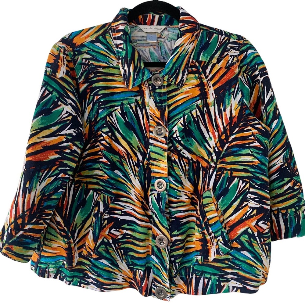 Christopher & Banks Medium Tropical Print Button Down 3/4‎ Sleeve Jacket EUC